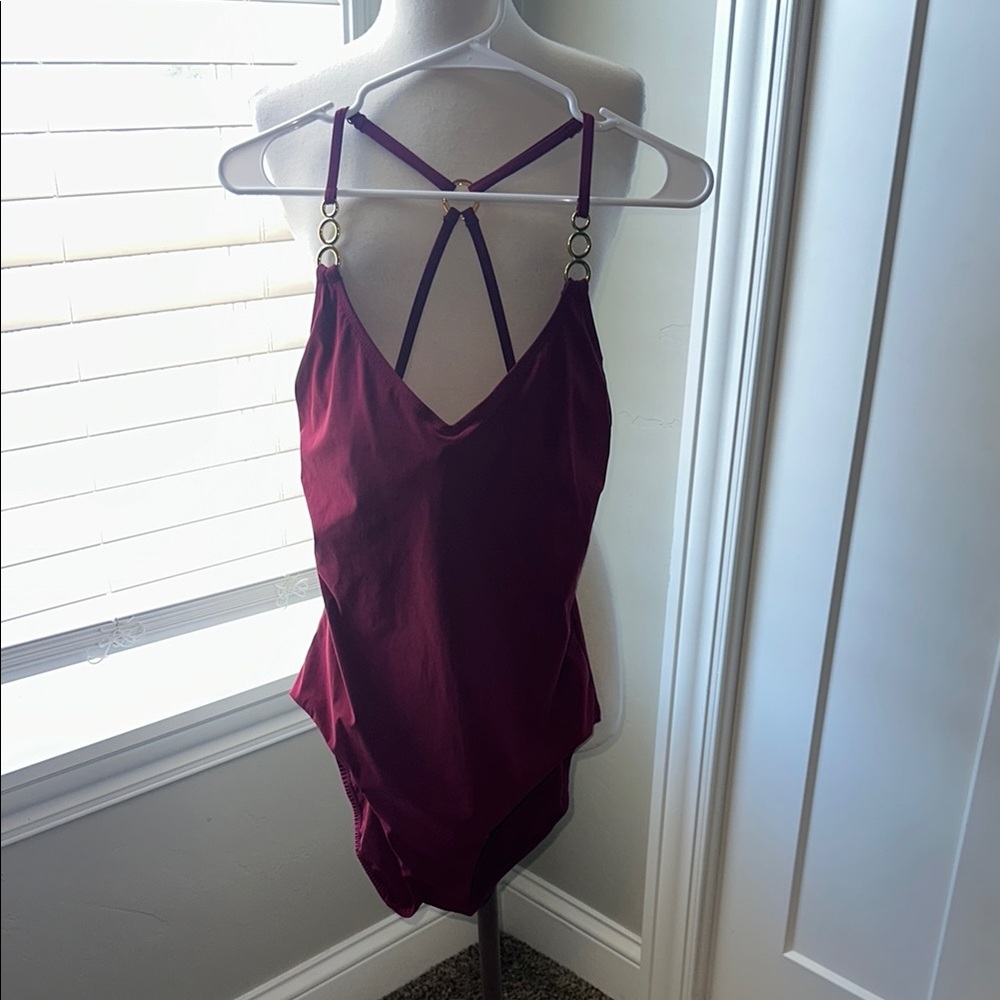 Amoressa Burgundy Strappy One-Piece Swimsuit Gold Details Low Back US 12